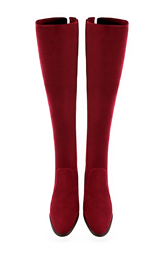 Burgundy red women's leather thigh-high boots. Round toe. Flat leather soles. Made to measure. Top view - Florence KOOIJMAN